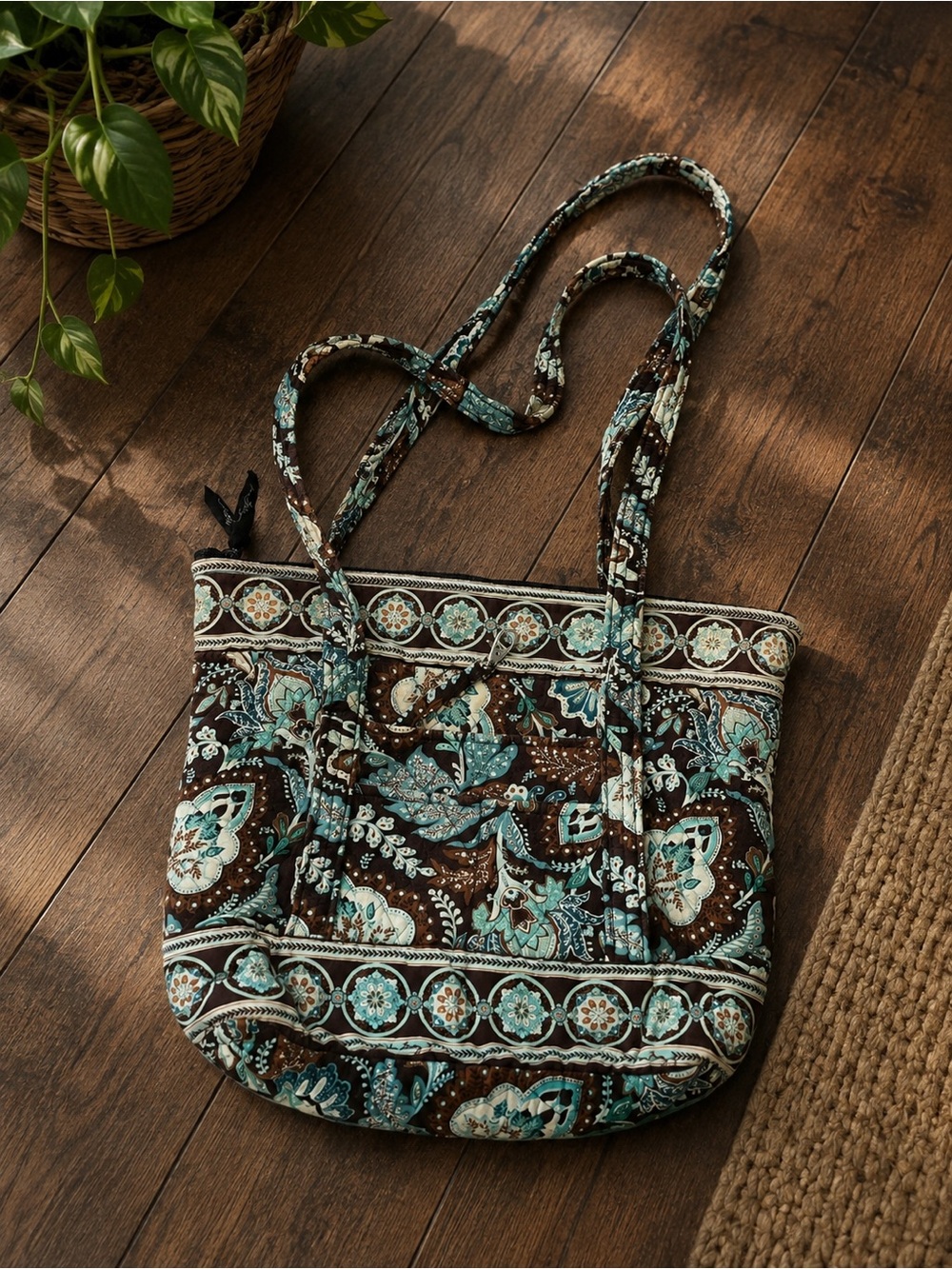 Vera Bradley Java Blue Retired Quilted Tote Bag Brown Aqua Floral Shoulder Bag
